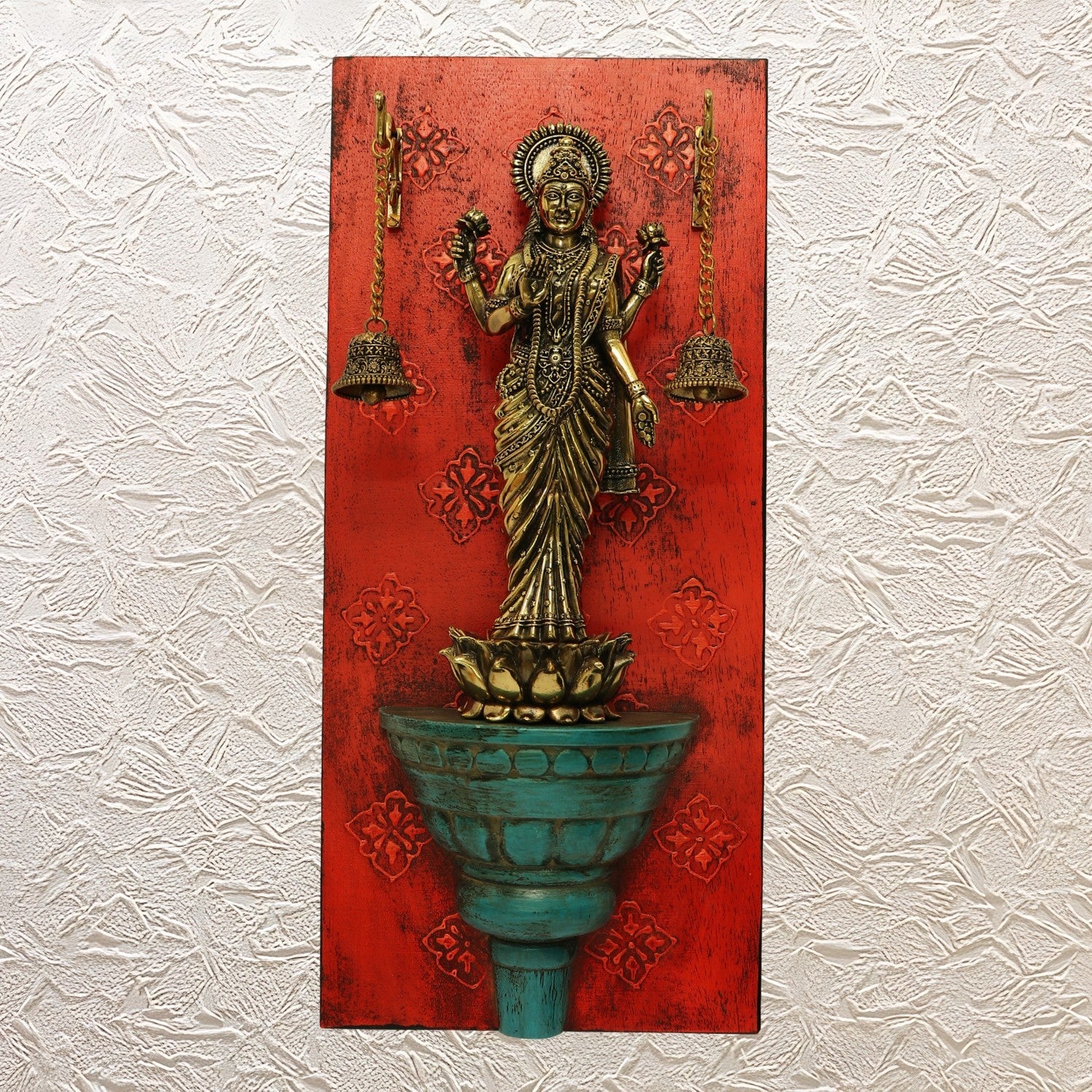 Goddess Lakshmi with Bells Brass Idol 18" - Hand-Painted Wall Frame Decor