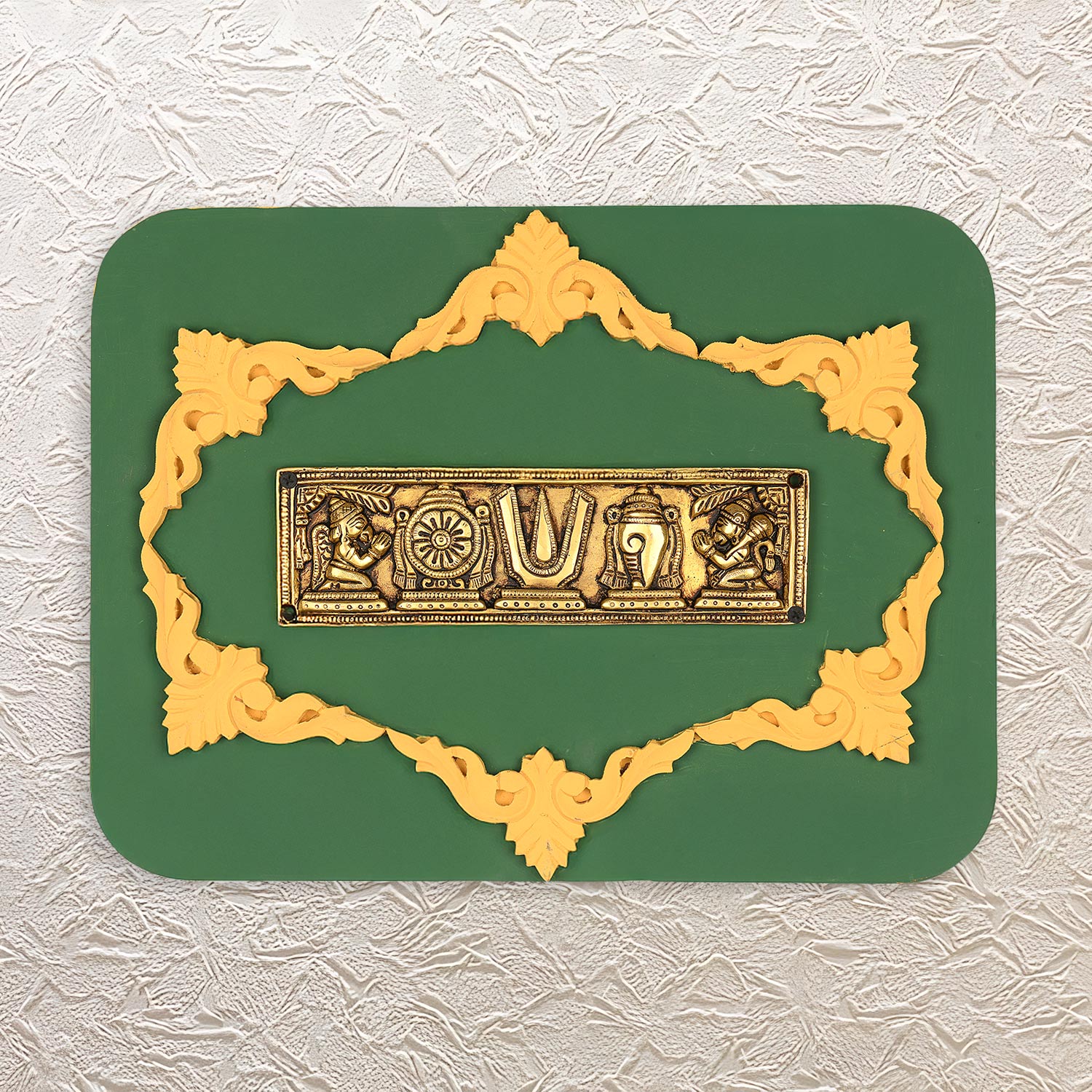 Tirupati Balaji Brass Shankh Chakra • Designer Wooden Wall Frame • 12