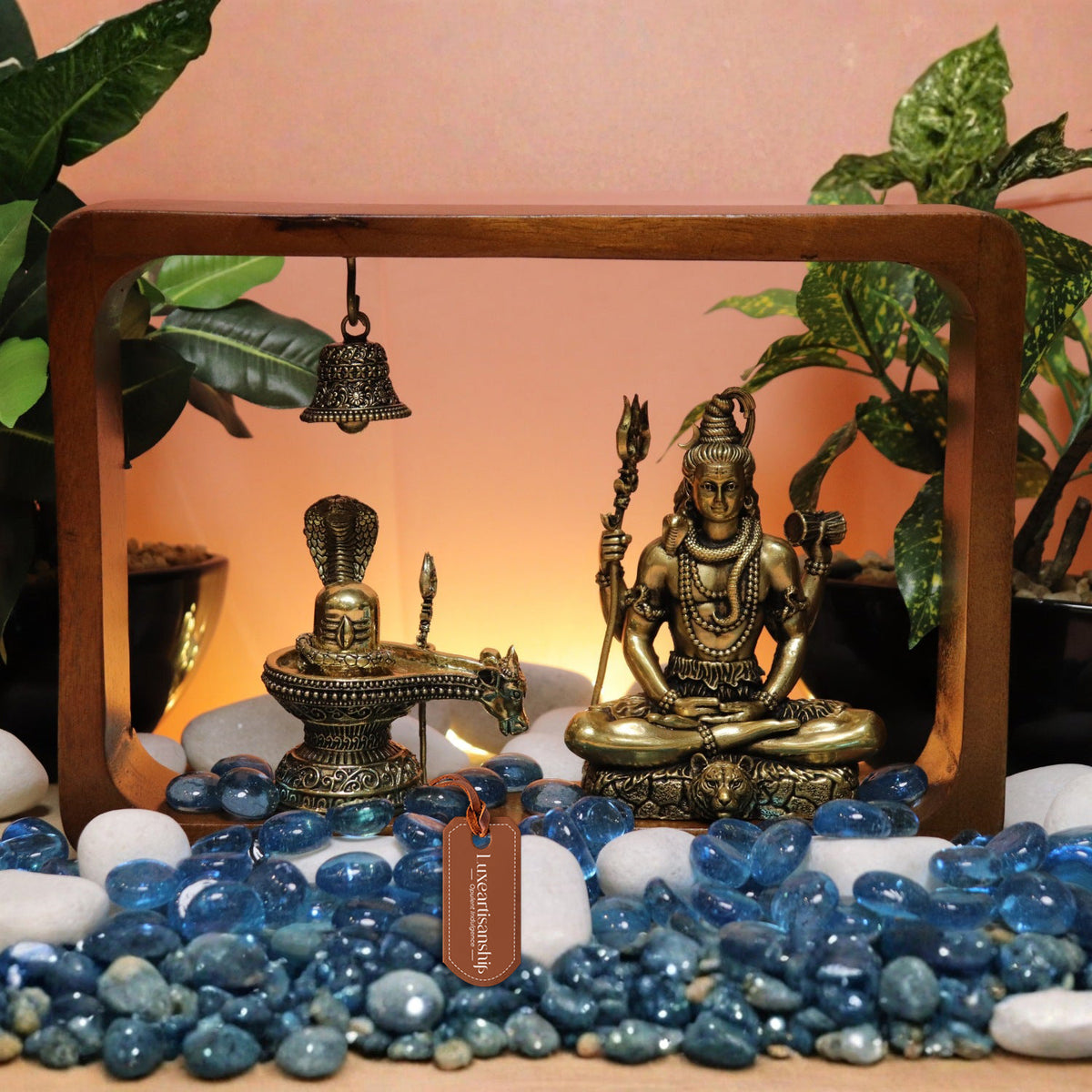 Brass Shiva Idol with Shiva Lingam in a Wooden Frame 8.25"- Decorative Piece