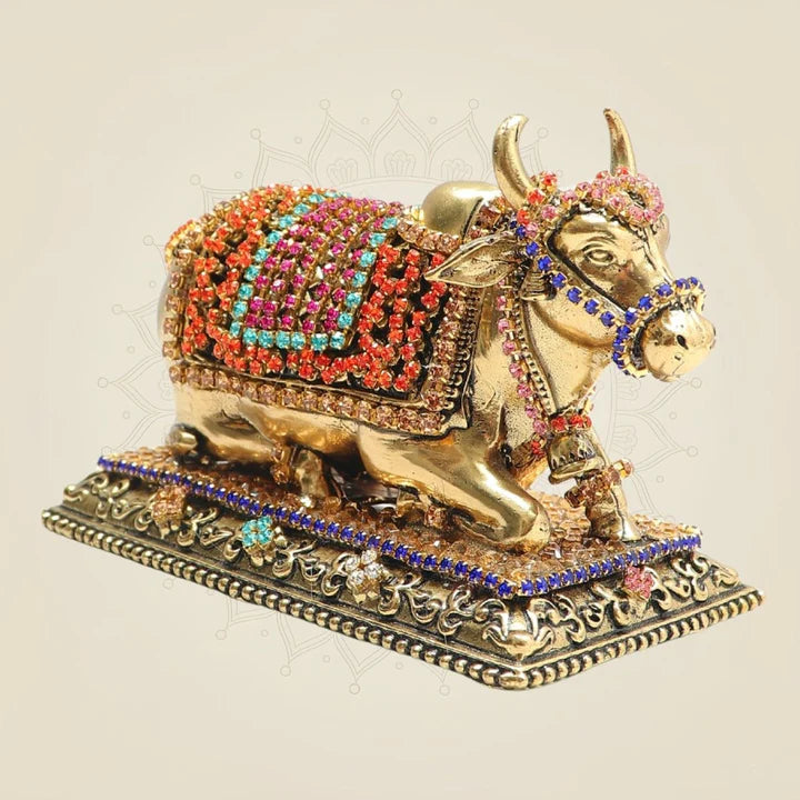 Elegant Brass Nandi Bull Statue with Rhinestone Work – 3 Inch