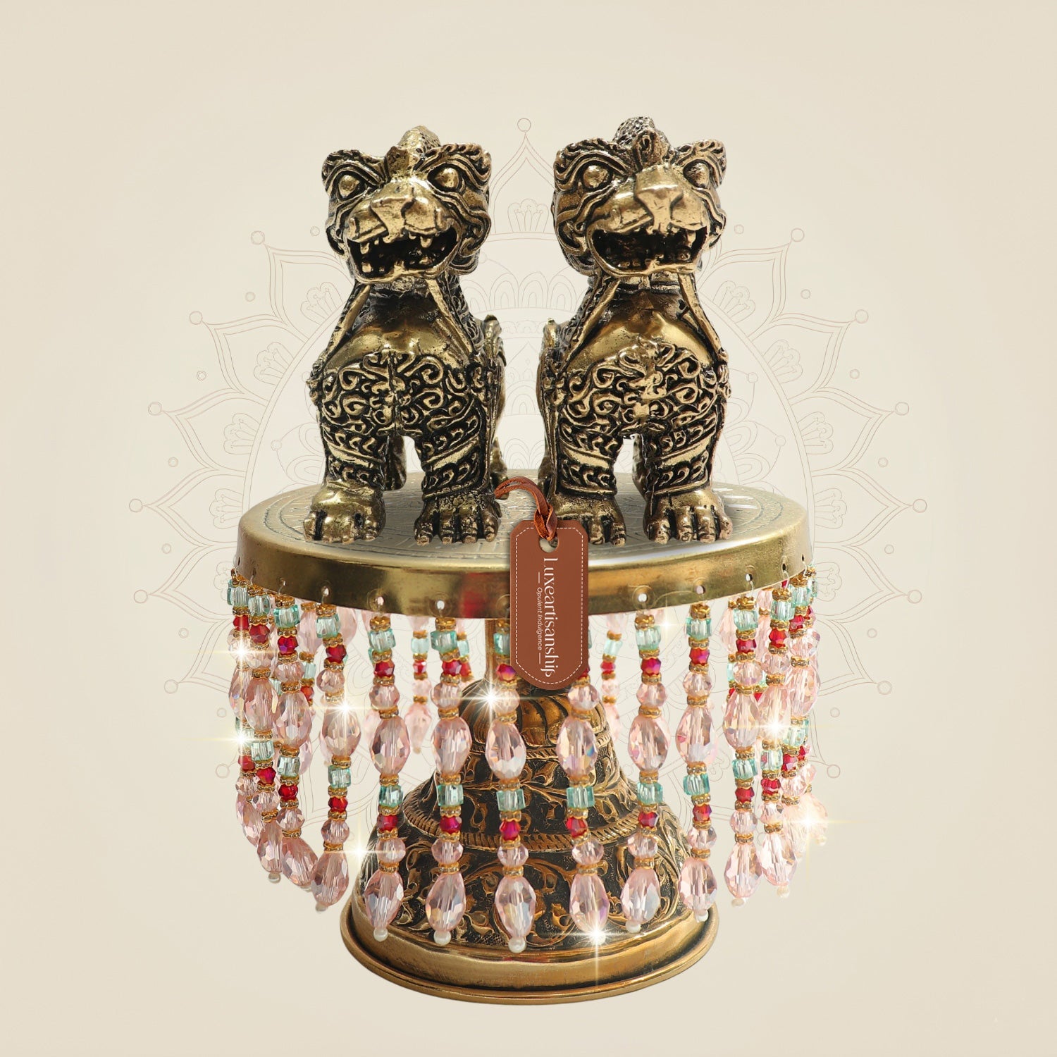 Brass Yali Guardian Lion on Chowki Inspired by Temple Architecture 7"