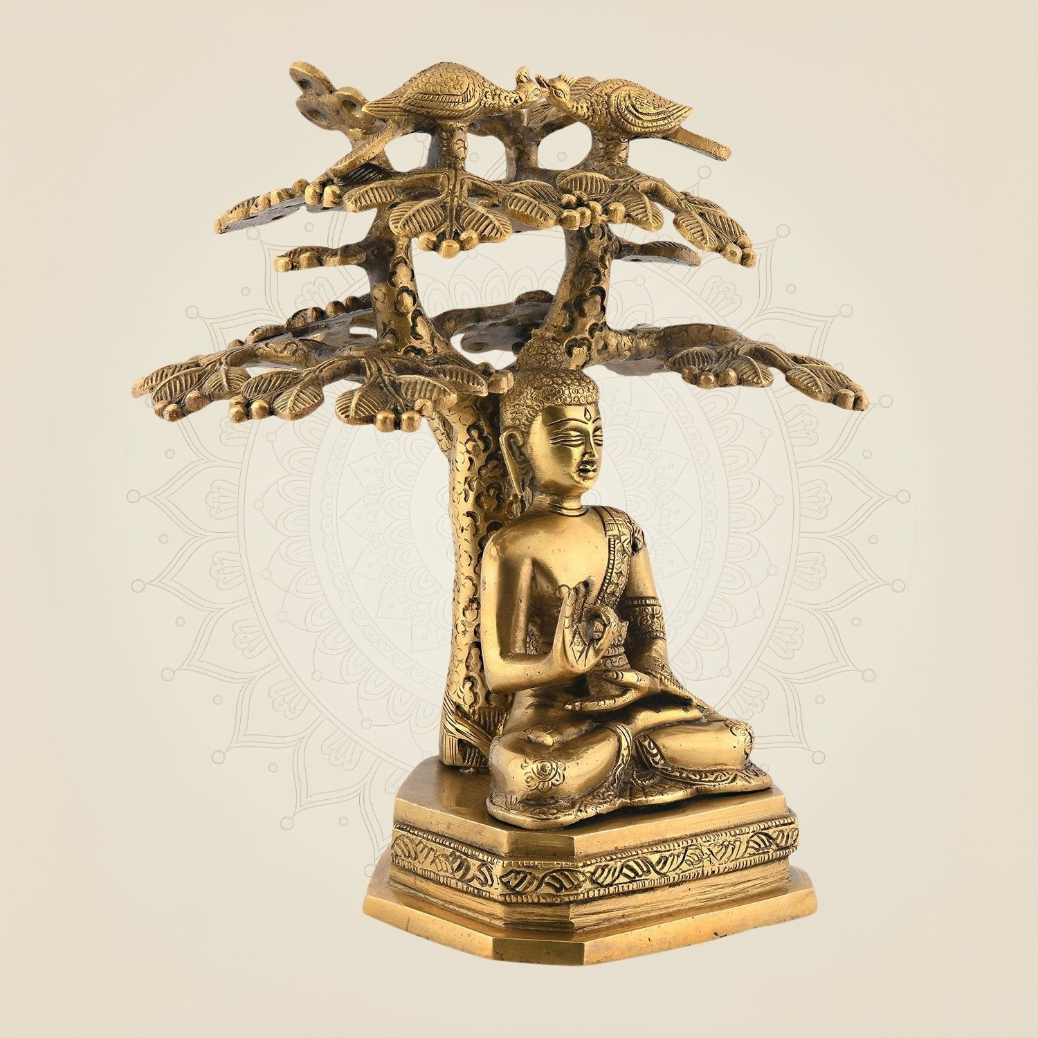 12" Brass Lord Buddha • Seated Under Bodhi Tree • Meditation Decor Idol