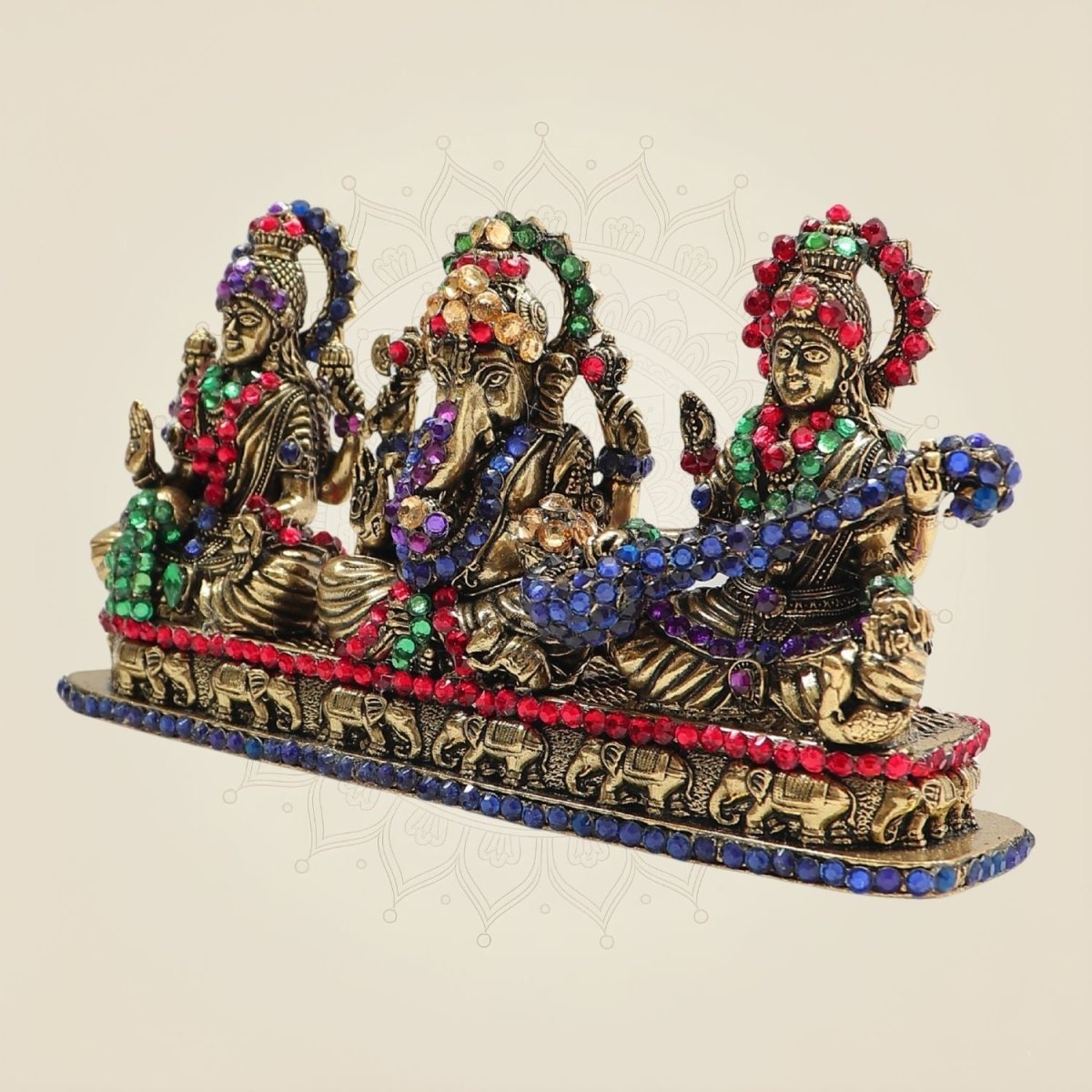 3" Brass Lakshmi Ganesha Saraswati Idol Featuring Vibrant Coloured Stone Work - Luxeartisanship