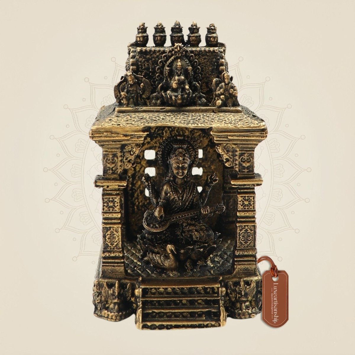 3" Intricate Bronze Saraswati Shrine – Temple-Style Goddess Idol