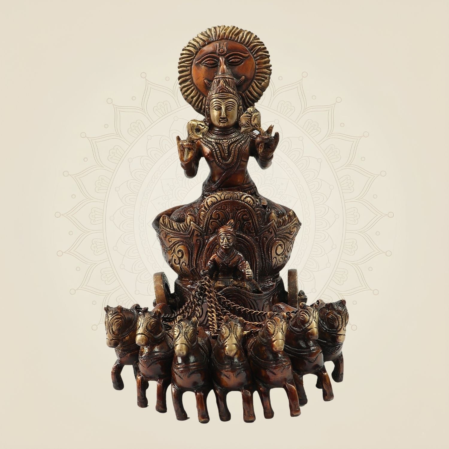 Exquisite Brass Surya Dev Rath Idol with 7 Horses 10.75" Inchs | Sacred Vedic Decor Statue