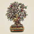 Brass Buddha Statue Under Bodhi Tree 6.5" with Fine Jewellery Stone Work