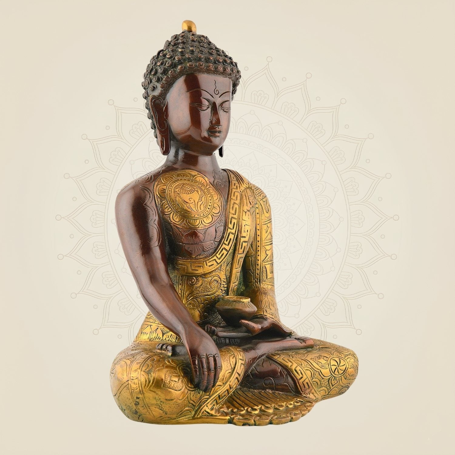 Meditating Buddha with Matka Statue – 12" Nepali Orange Brass Decor Multicolor Idol