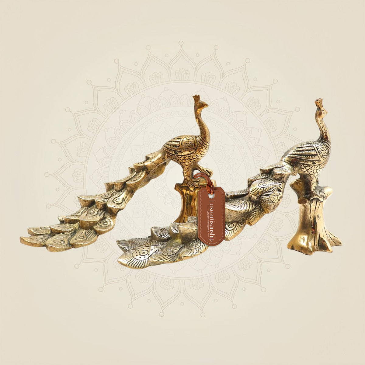 Brass Peacock Bird Sculpture with Textured Tree Trunk Base