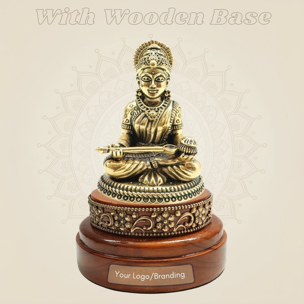 Brass Annapurna Devi Idol on a Smooth Round Wood Base