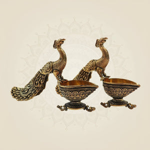 3.25" Peacock with Brass Diya for Temple, Home & Festive Lighting - Luxeartisanship