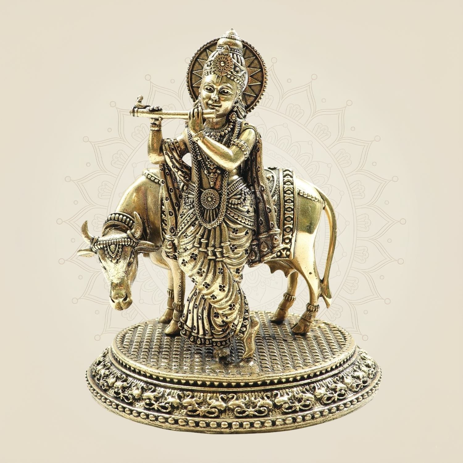 Krishna with Cow Brass Idol – Flute Playing Divine Murti - 5"