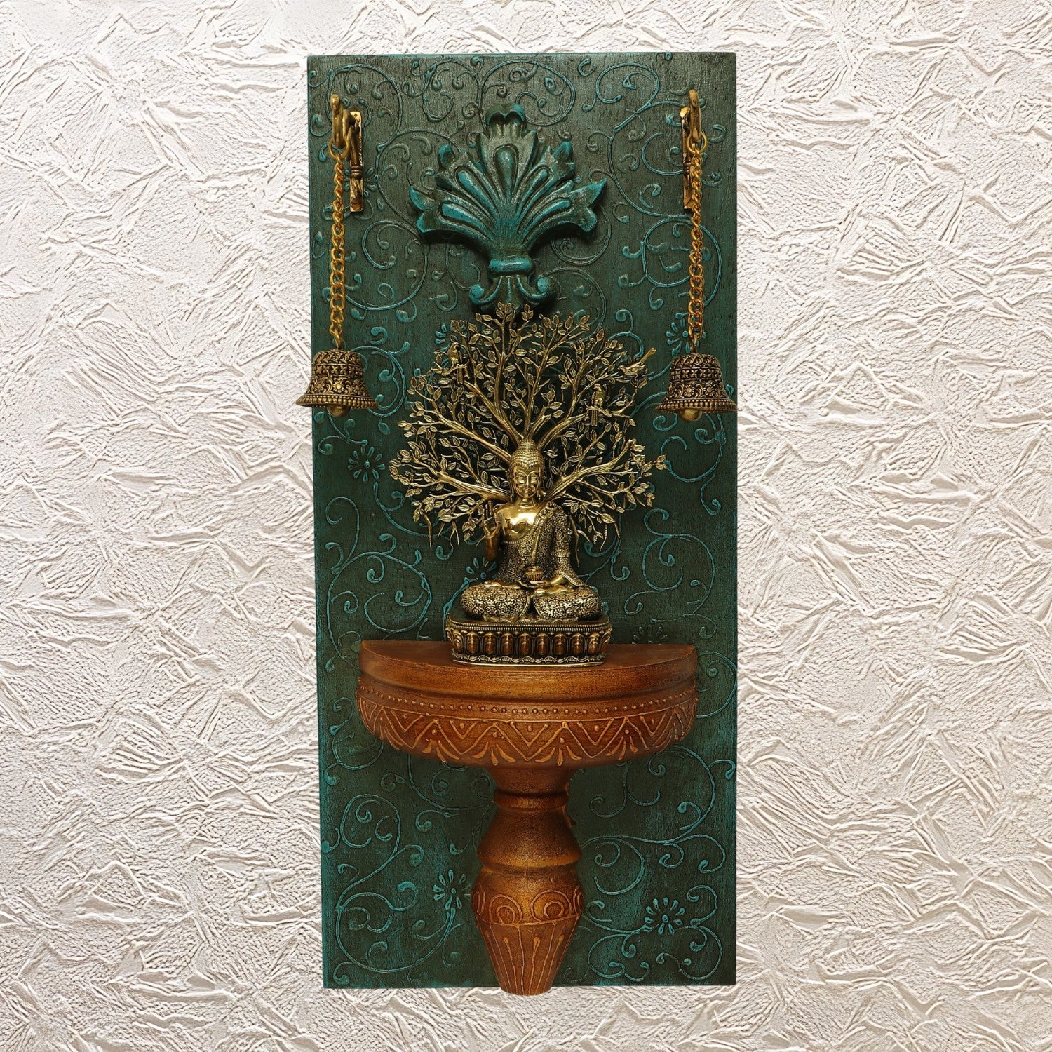 Brass Buddha Idol • Handmade Wooden Wall Frame with Bells for Zen Decor -18"