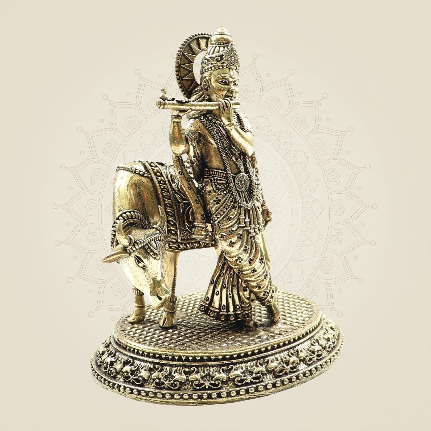 Krishna with Cow Brass Idol – Flute Playing Divine Murti - 5"