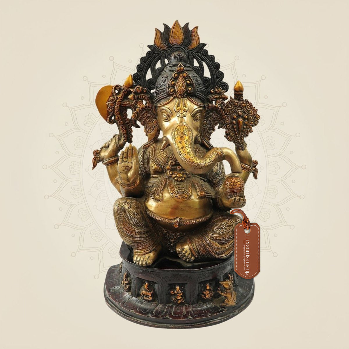 Seated Chaturbhuja Lord Ganesha Idol in Brass – Handmade Temple Statue 22.25"