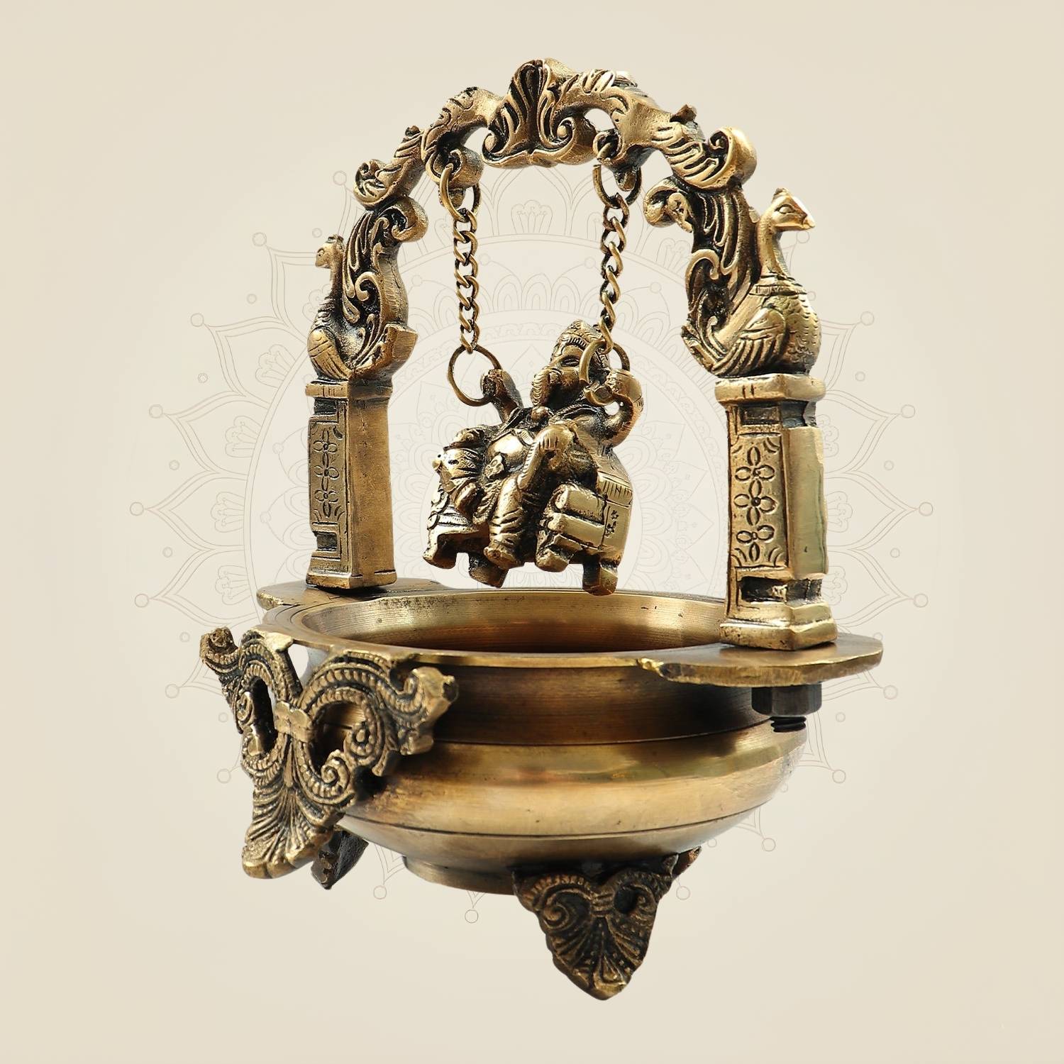 Elegant Brass Ganesh Idol on Jula Swing with Urli for Home & Gift Decor - 9.25"