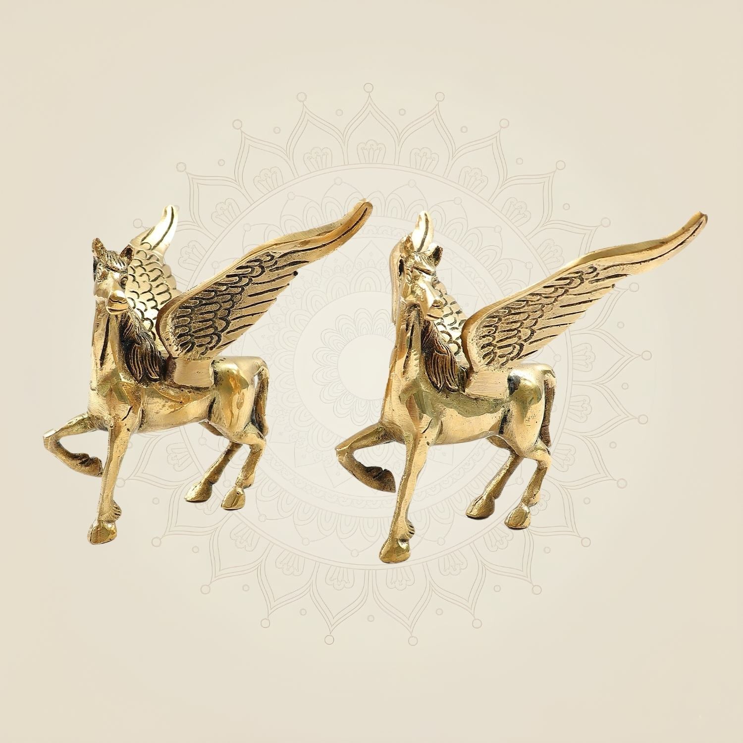 Pair of Brass Winged Horse Idols – Pegasus Style Handcrafted Showpiece - 4.5