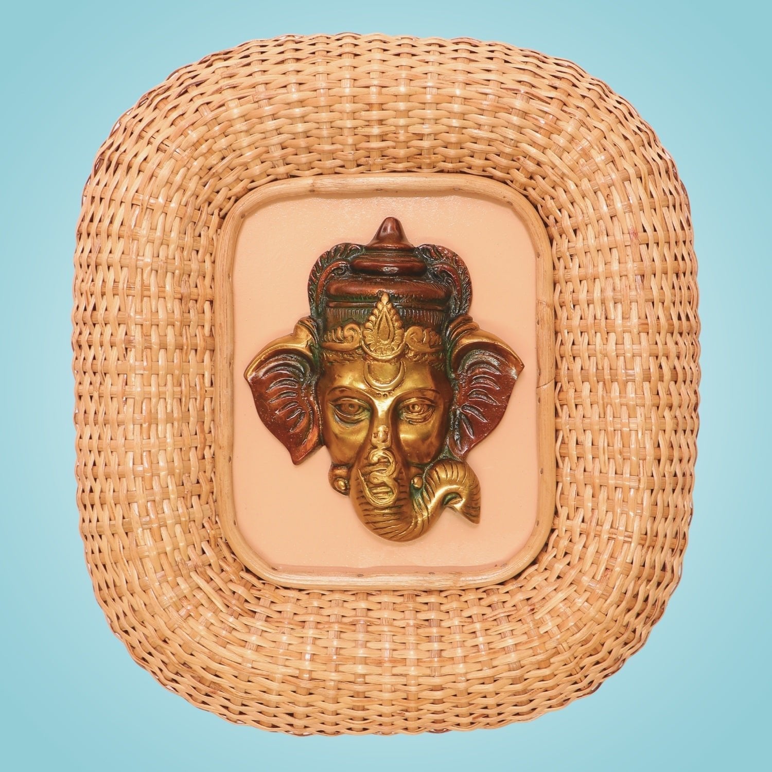 Handcrafted Ganesha Wall Face Mask 19" - Cane Wall Frame Home Décor