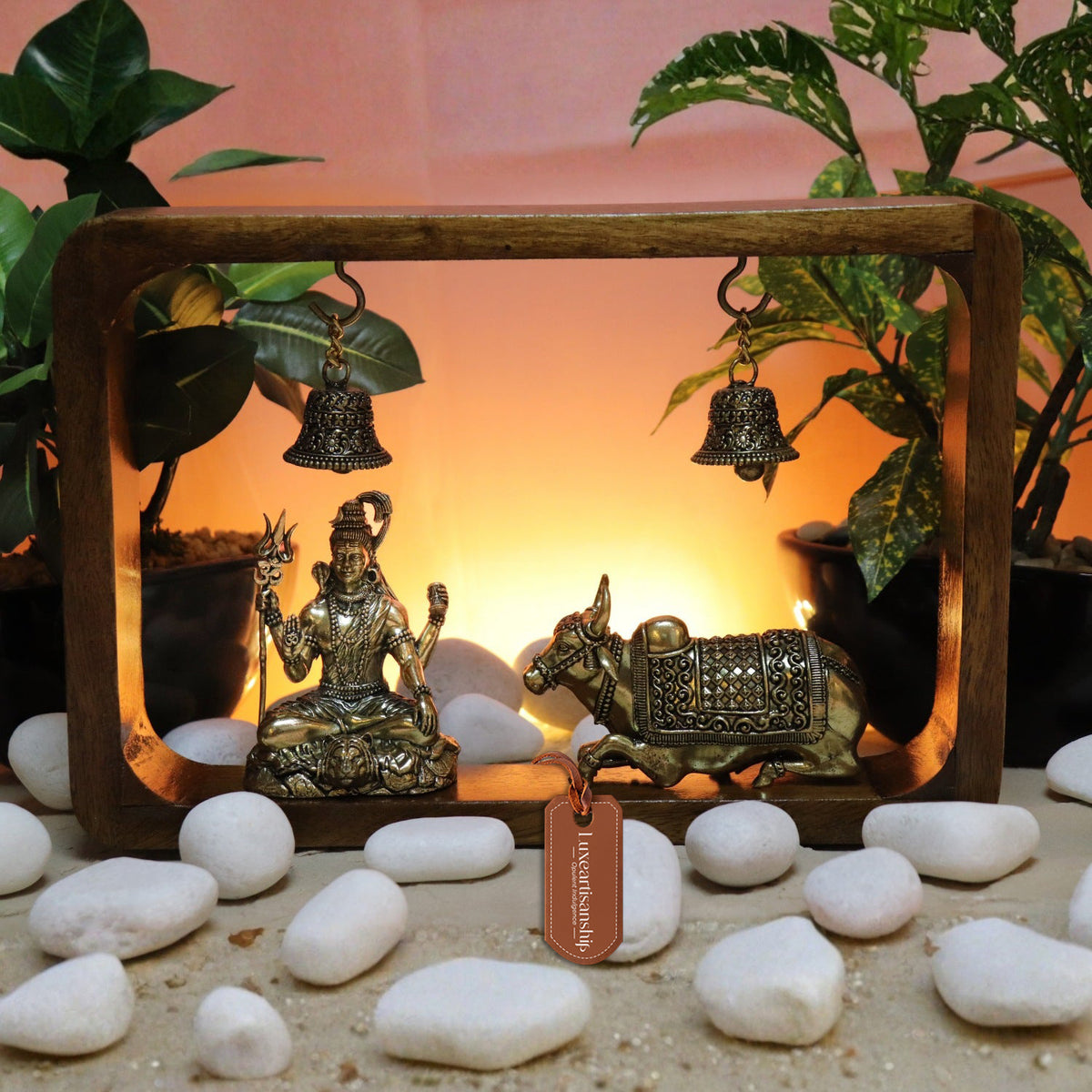 Shiva Brass Idol with Nandi in Frame with Hanging Bells 8.25"