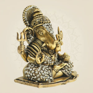 4" Brass Ganesha Statue in Fierce Form with Jewellery Stone Detailing - Luxeartisanship