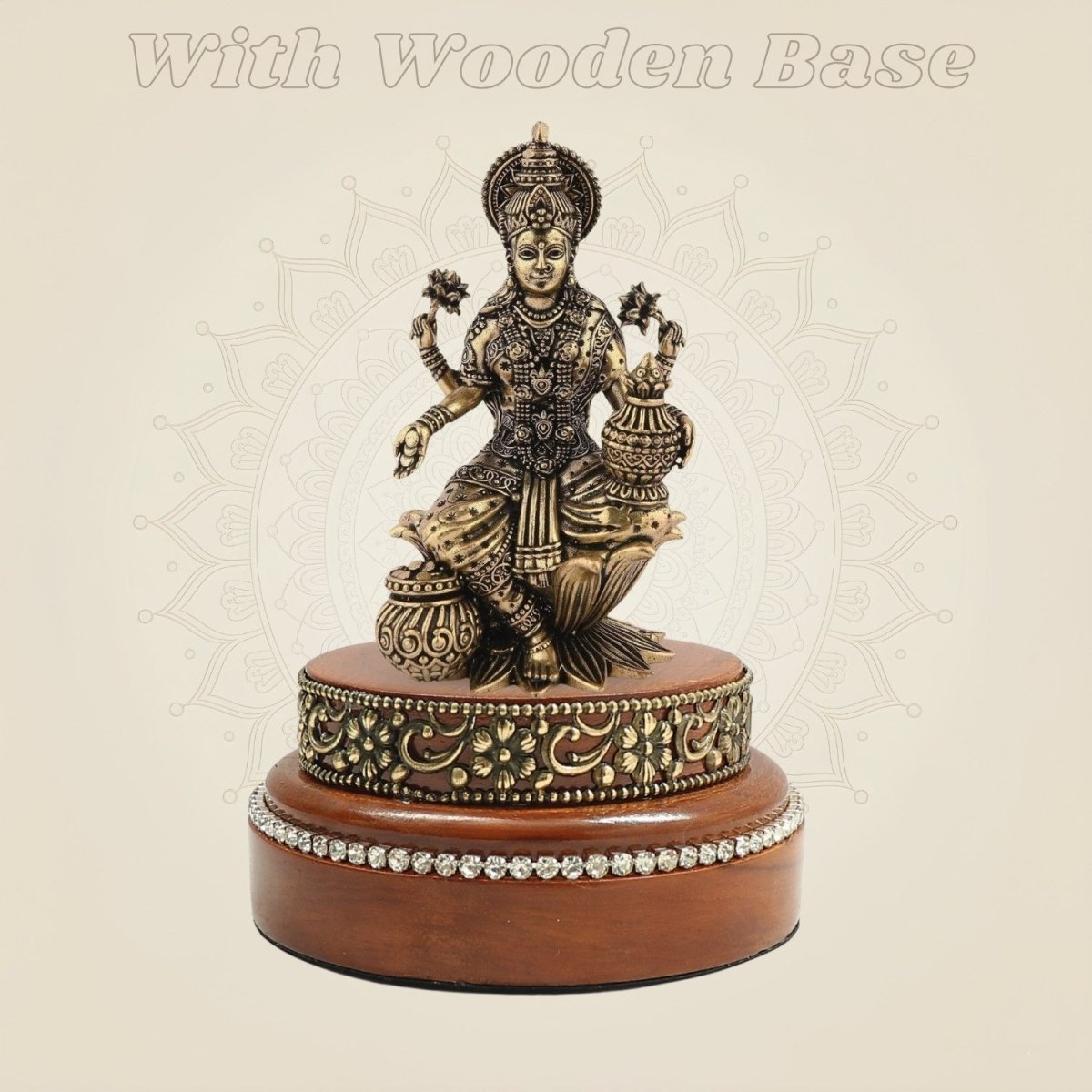 4" Brass Laxmi Idol with Round Wooden Base Decorative Statue - Luxeartisanship