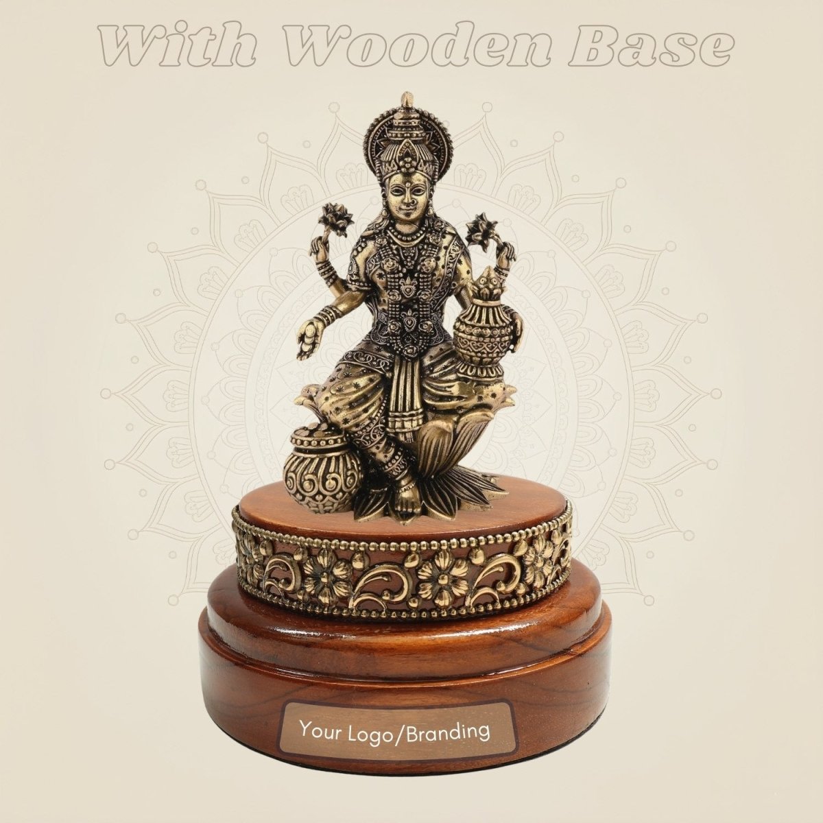 4" Brass Laxmi Idol with Round Wooden Base Decorative Statue - Luxeartisanship