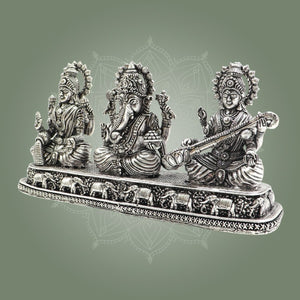 Ganesha Laxmi Saraswati Brass Silver Idol – Trimurti Set - Luxeartisanship