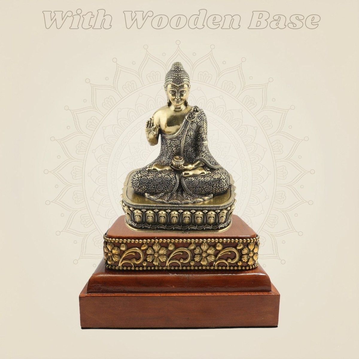 Brass Buddha Statue Composed on a Square Wooden Base