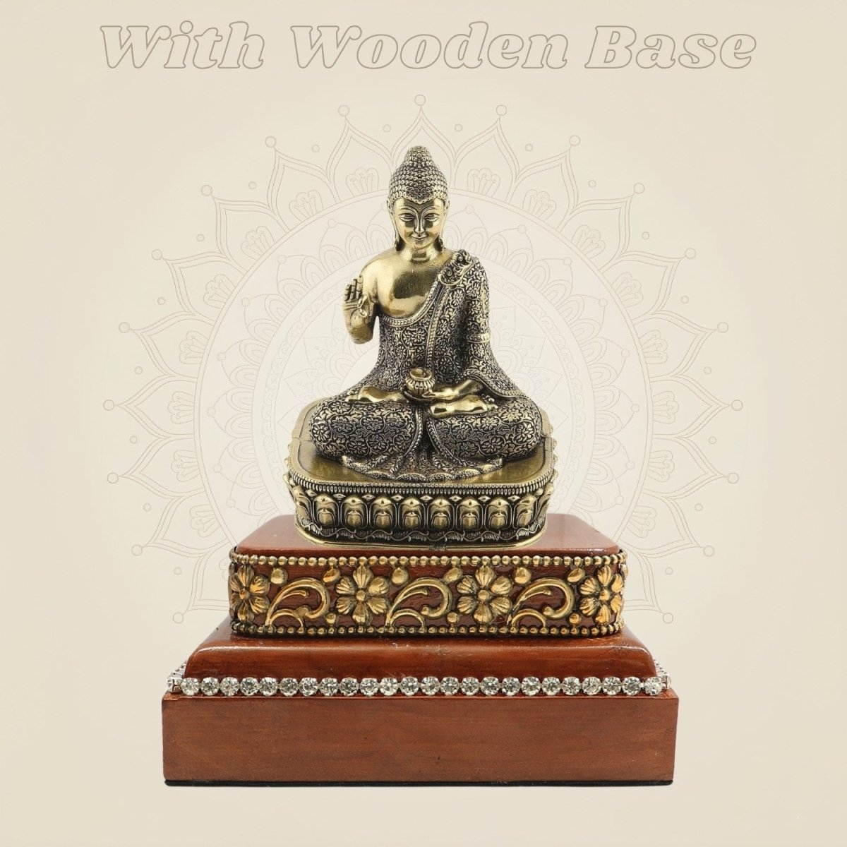 Buddha Brass Statue Composed on a Square Wooden Base
