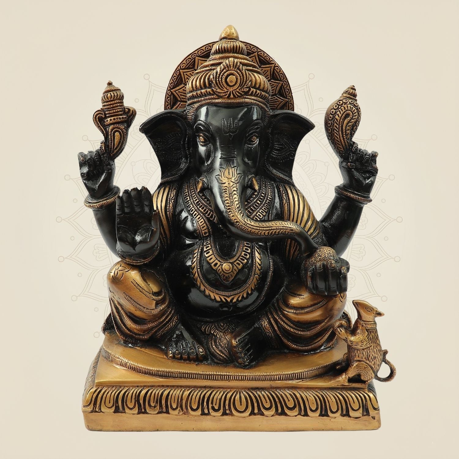 Blessing Surya Ganesh Brass Statue 11" – Black & Gold Handmade Pital Idol
