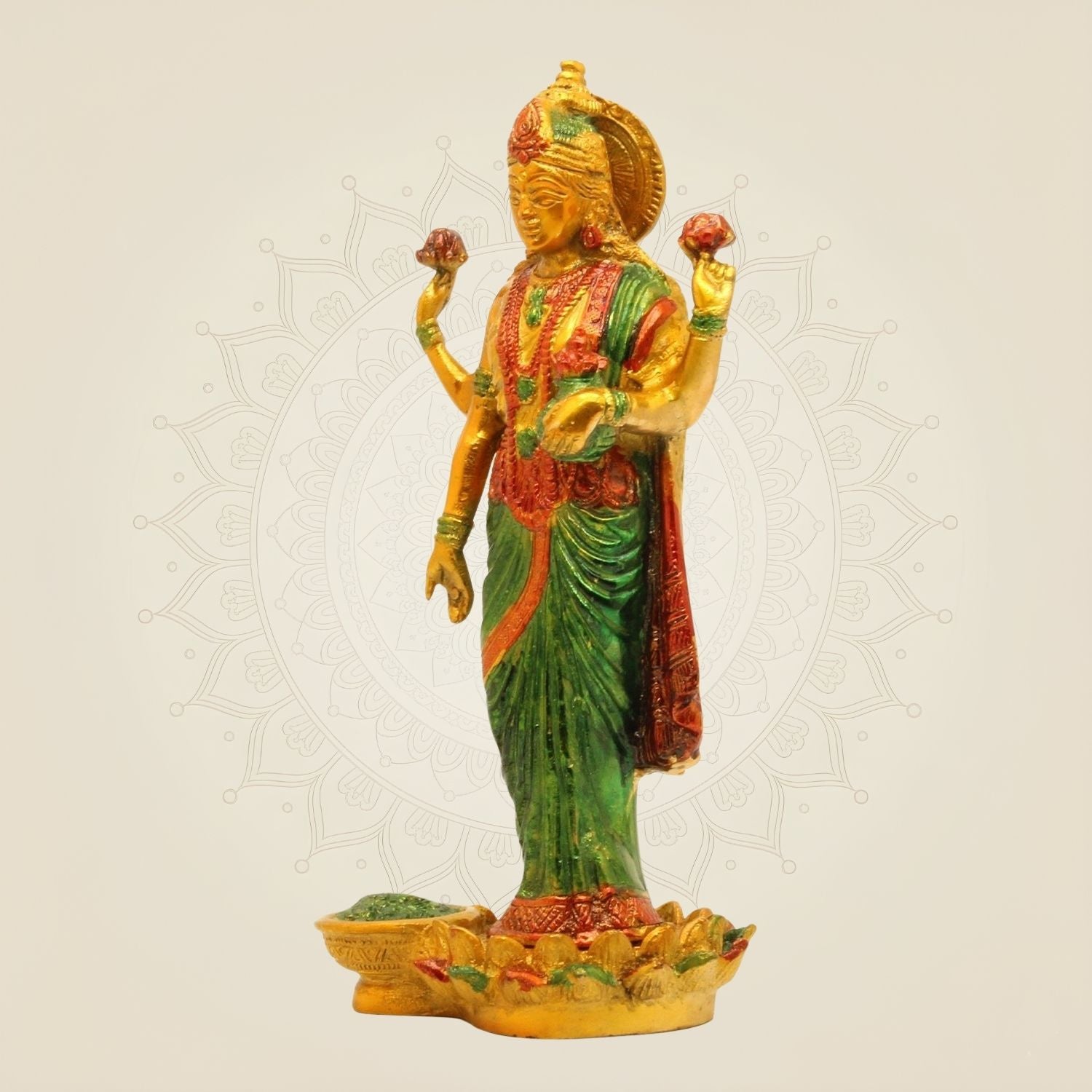 Standing Lakshmi Brass Idol 10" – Hand-Painted Hindu Goddess Prosperity Statue