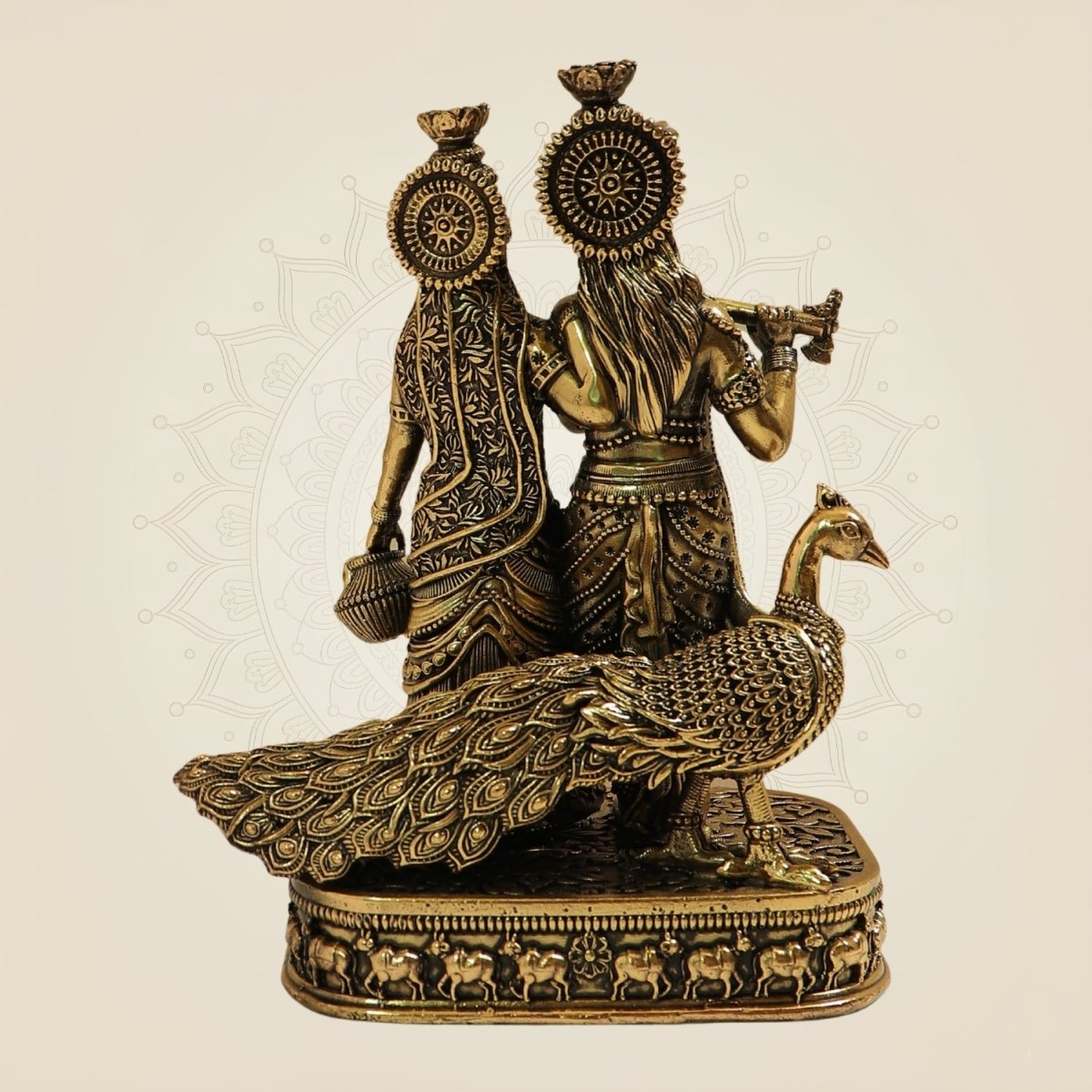 4.25" Superfine Standing Radha Krishna Brass Murti with Peacock - Luxeartisanship