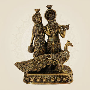 4.25" Superfine Standing Radha Krishna Brass Murti with Peacock - Luxeartisanship