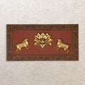 Brass Kamadhenu Cow Pair with Lotus – 11" Framed Wooden Wall Decor Art