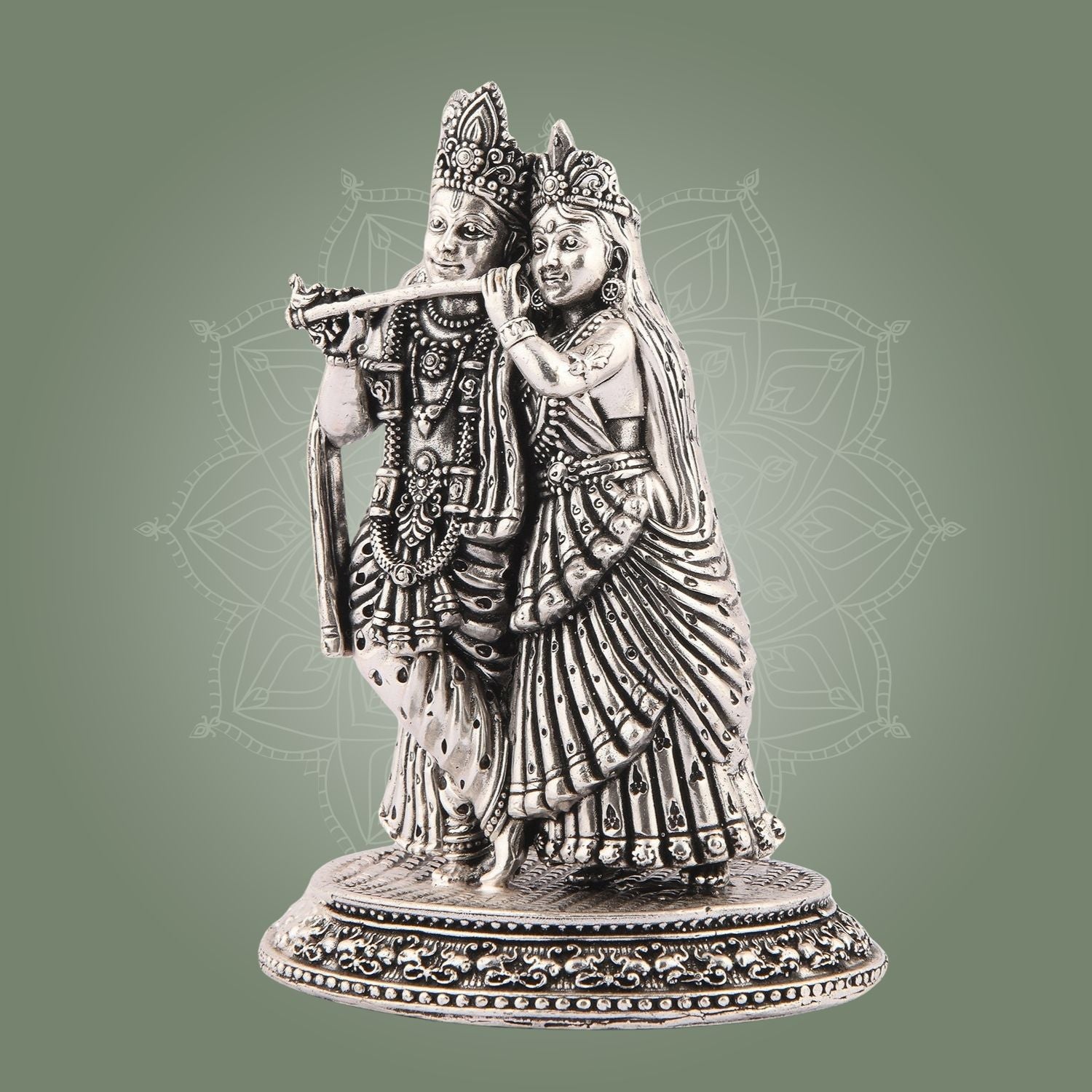 Silver Finish Radha Krishna Idol – 5" Pure Brass Statue for Blessings