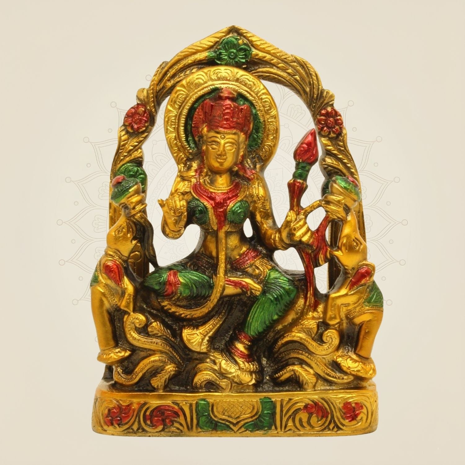 Brass Goddess Lakshmi Idol 8"– Hand-Painted Statue with Elephants