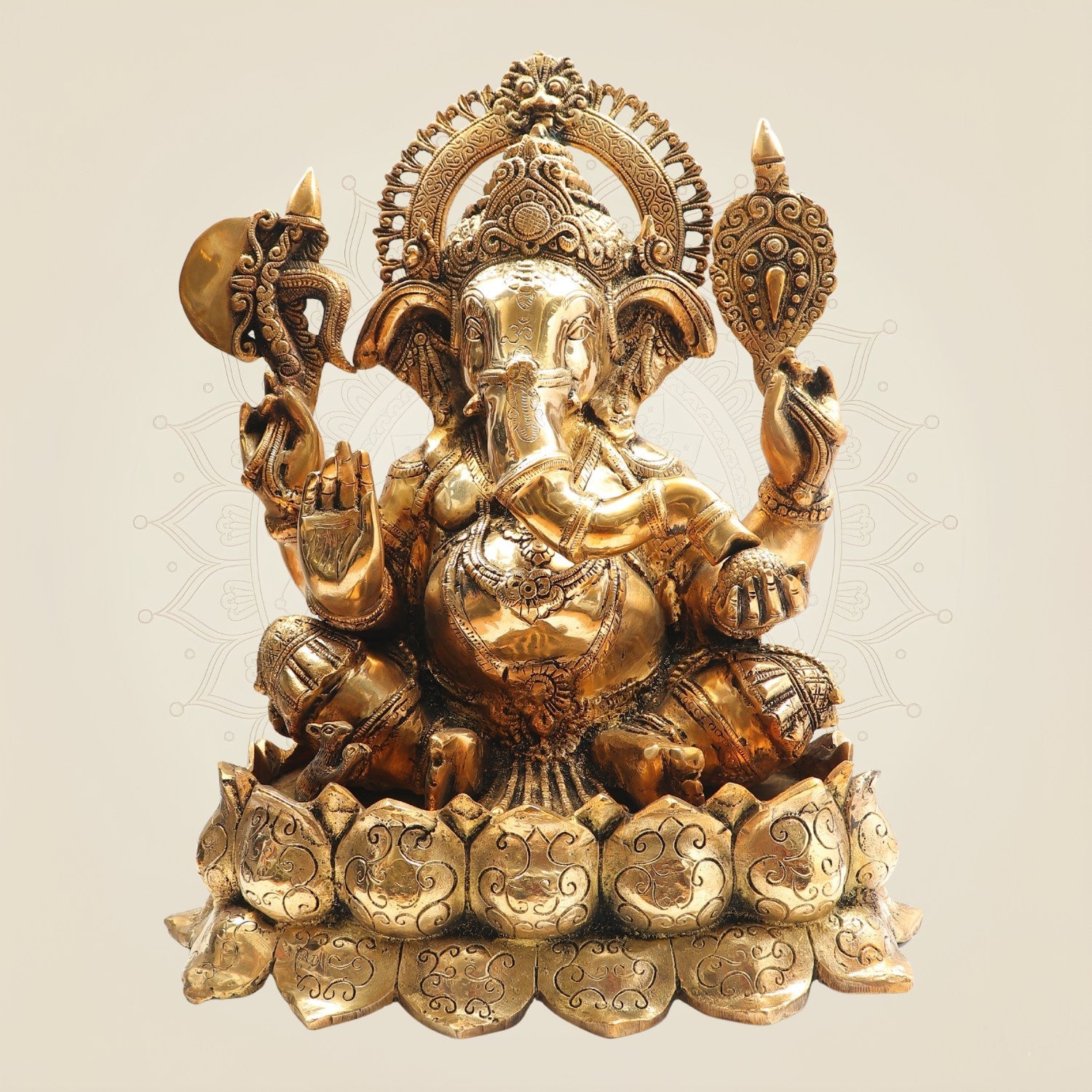 19" Big Size Brass Ganesha Idol on Lotus Base for Worship
