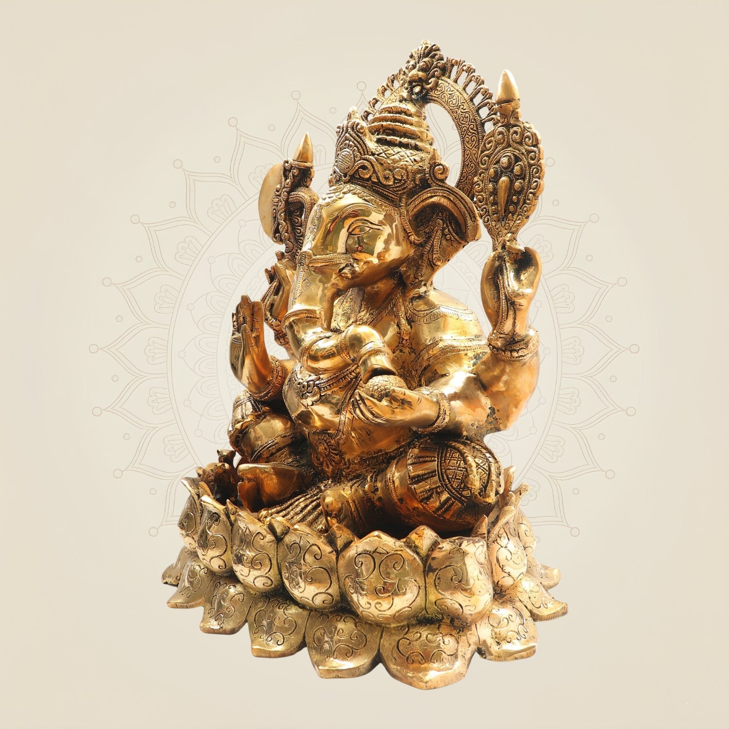 19" Big Size Brass Ganesha Idol on Lotus Base for Worship