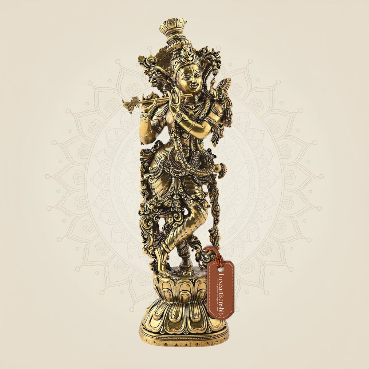 Brass Lord Krishna Idol 9.5" | Flute Playing Kishan Murti for Home & Temple