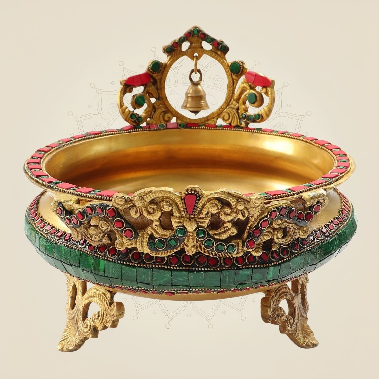 Handcrafted Brass Urli 9"- Bell Accents & Stone Work Decorative Piece