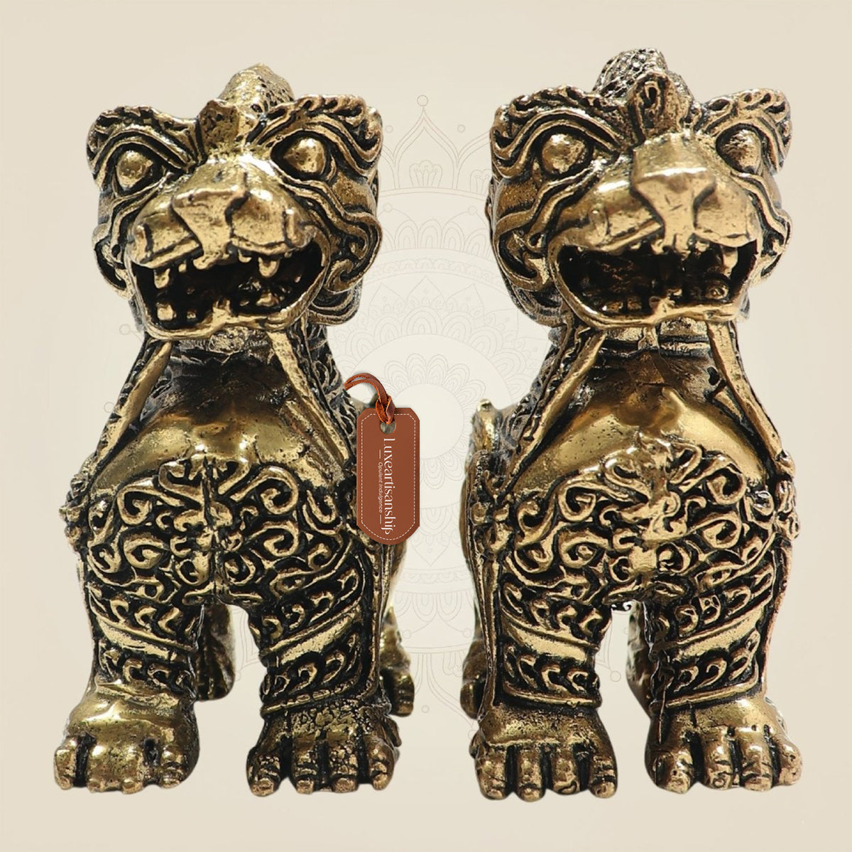 Brass Yali Guardian Lion 3"– Majestic Keeper of Strength (Set of 2)