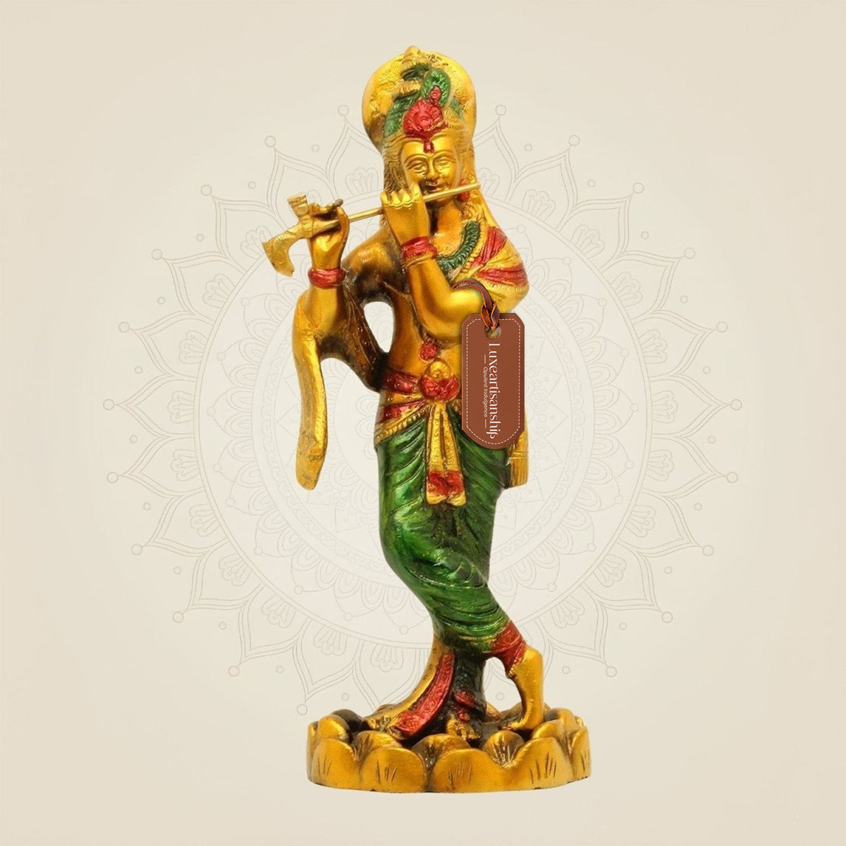 Hand-Painted Brass Krishna Idol 10.25"– Flute Playing Murti for Mandir or Gift