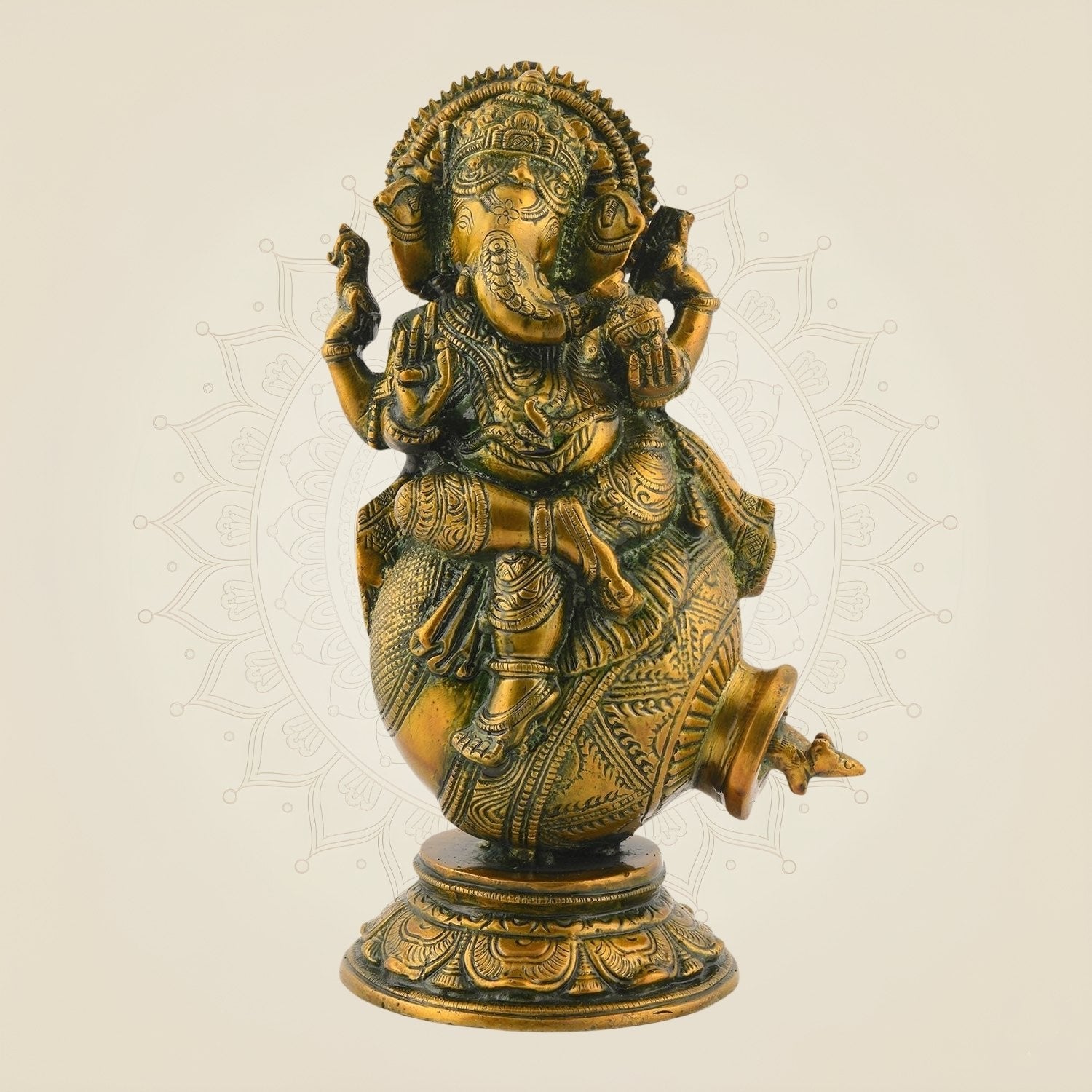 Ganesha with Mouse in Pot – 9.5" Handcrafted Pure Brass Idol for Home & Gift