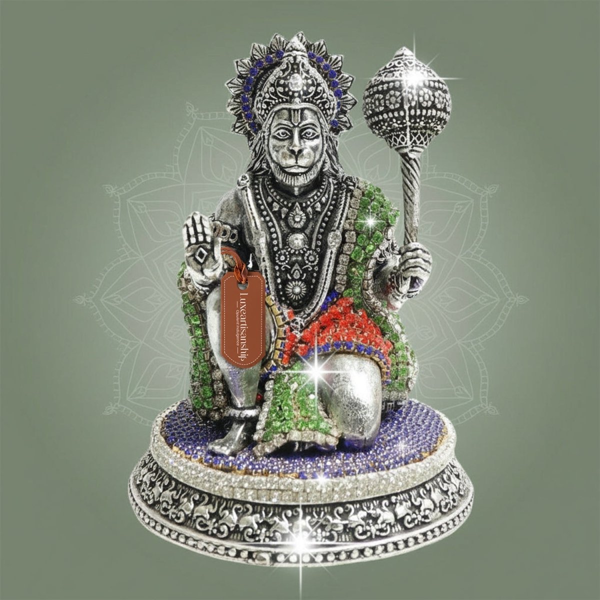 5-Inch Silver Plated Hanuman Brass Idol in Kneeling Form with Sparkling Stone Work