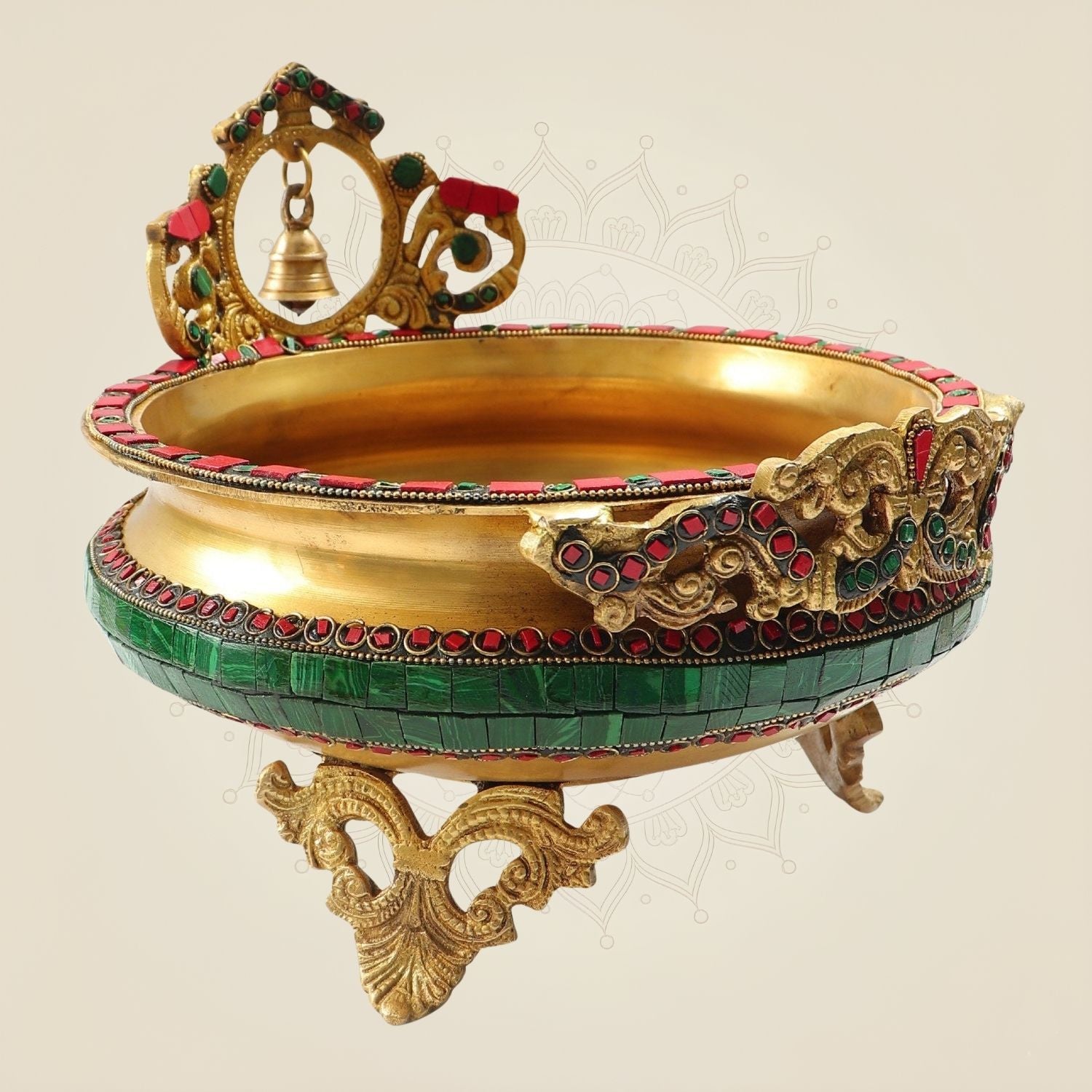 Handcrafted Brass Urli 9"- Bell Accents & Stone Work Decorative Piece