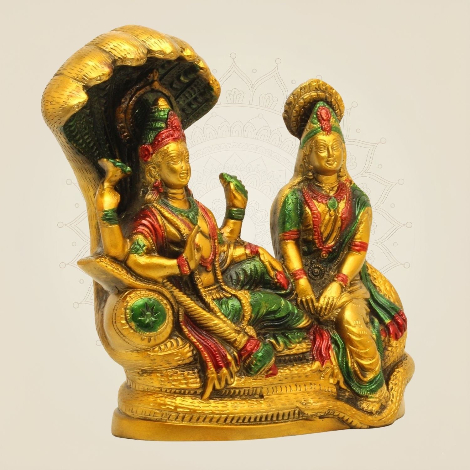 Laxmi Narayan Brass Idol 8.5"– Hand-Painted Sheshnag Murti for Mandir