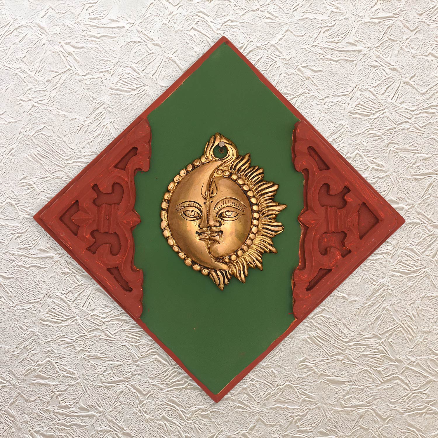 Wall Frame of Sun & Moon Brass Art – 15.5" Wooden Hanging for Spiritual Decor