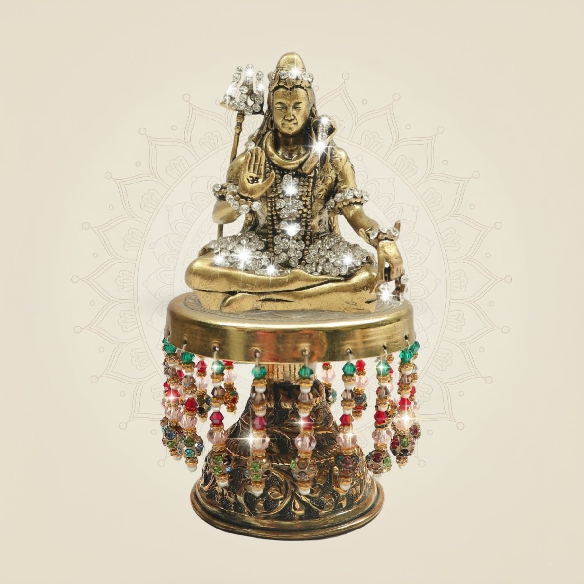 5.4" Brass Mahadev Idol on Chowki with Jewellery Stone Work - Luxeartisanship