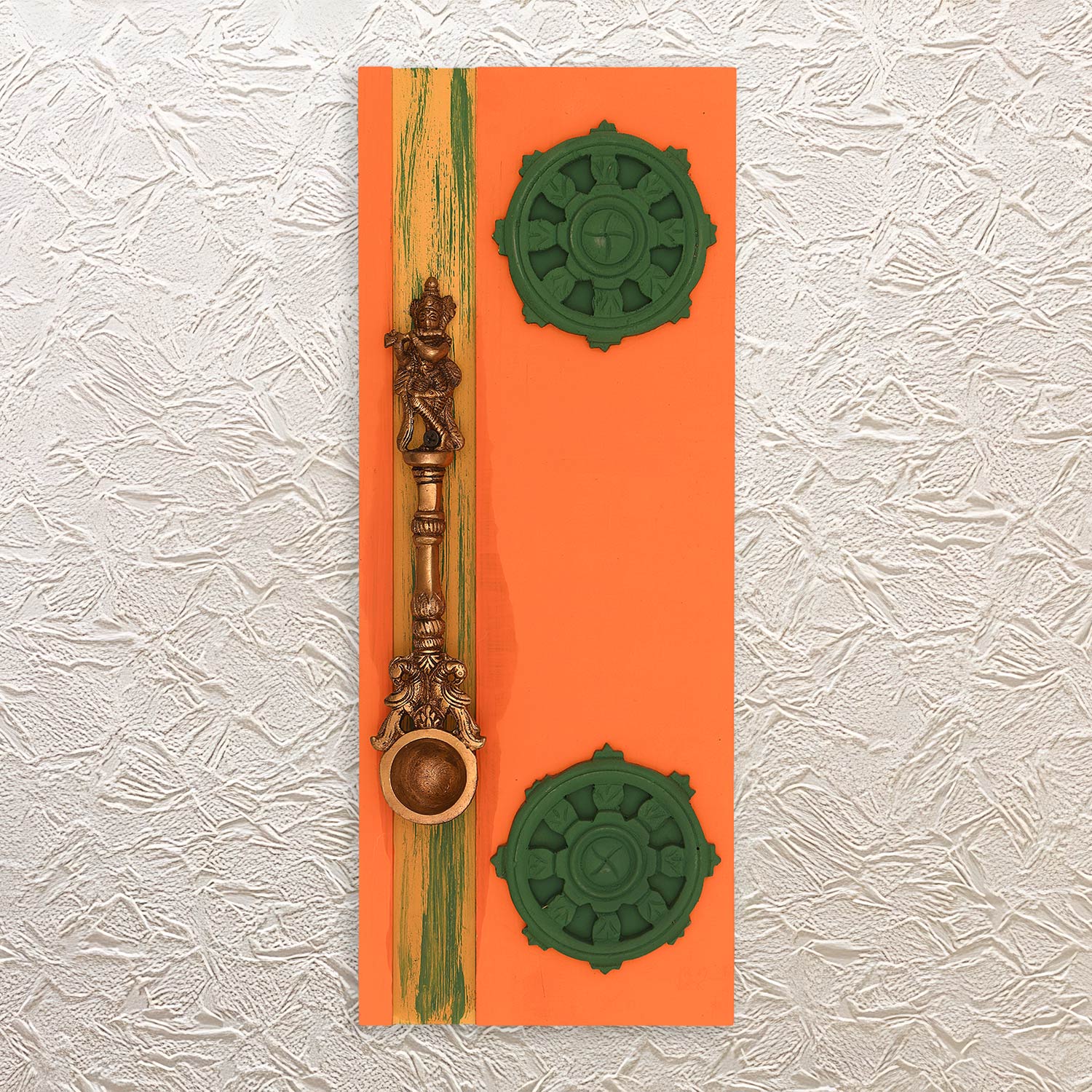 Wall Frame of Krishna Hawan Spoon – 16.5" Brass Art in Decorative Wooden Style