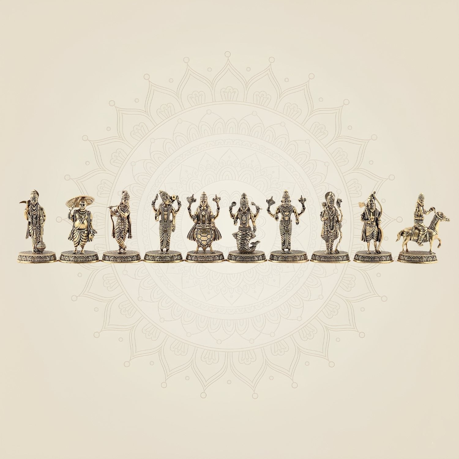 Dasavatharam Brass Set – 10 Avatars of Vishnu, Handcrafted Miniature Statues 2.5″