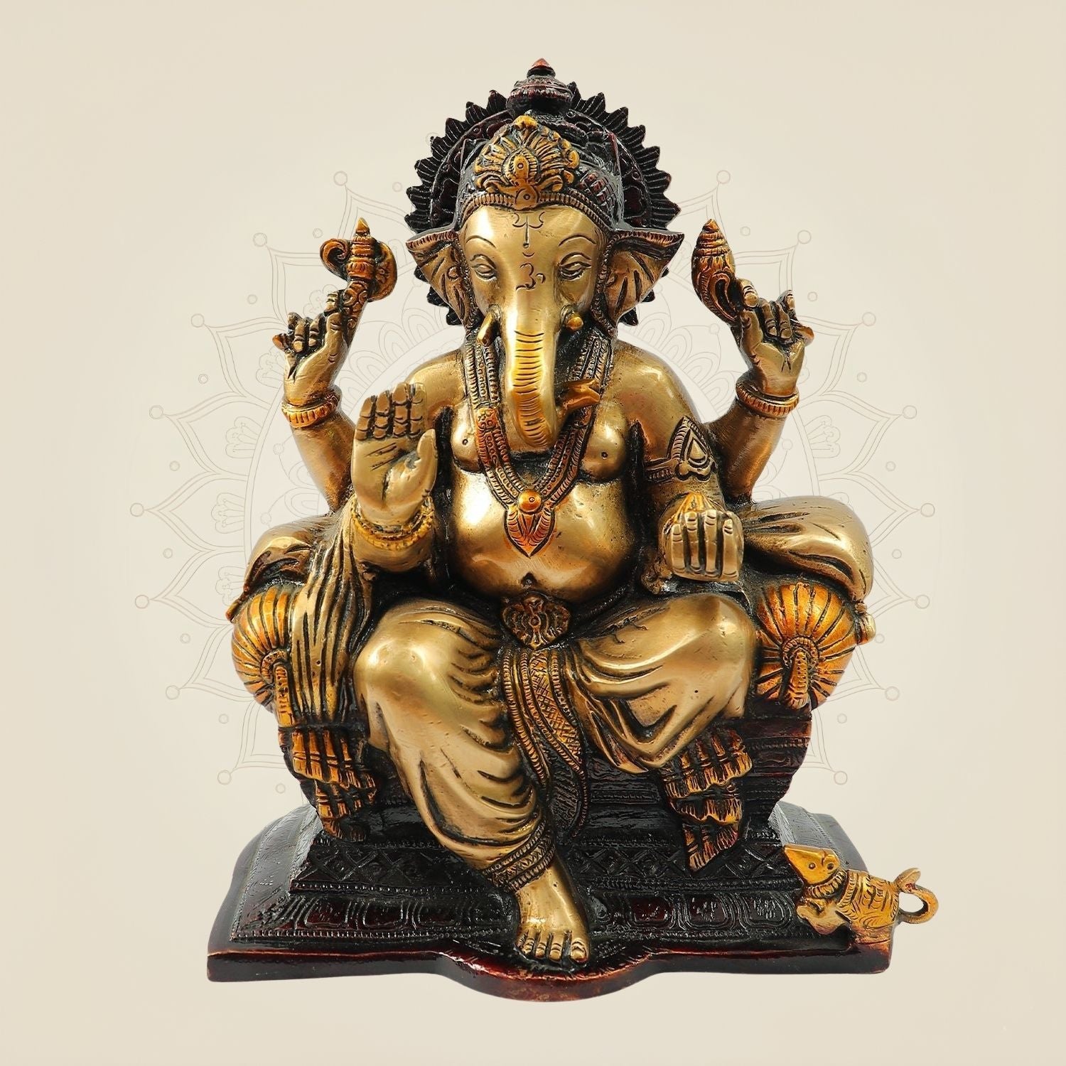 9.25" Brass Ganesh Idol on Throne – Majestic Sitting Ganesha Murti for Home & Gifts